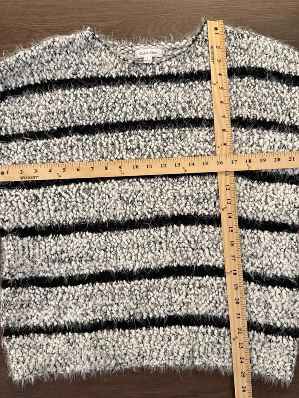 Calvin Klein Black and White Fuzzy Stripe Crewneck Sweater - Picture 5 of 5